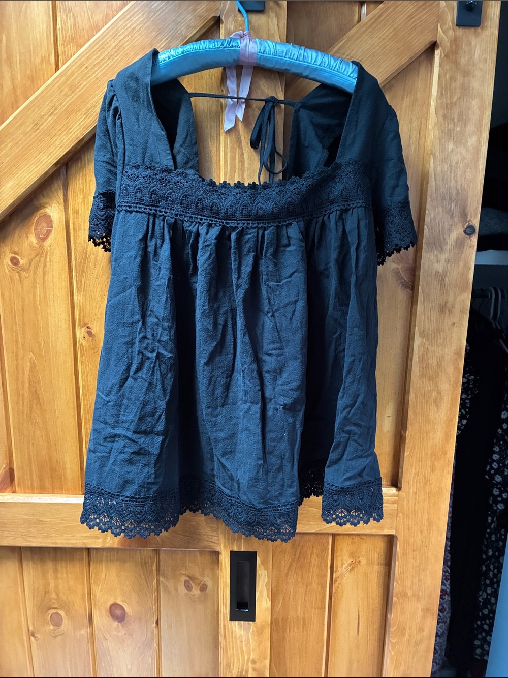 SHEIN Black Crochet-Trim Square Neck Peasant Top